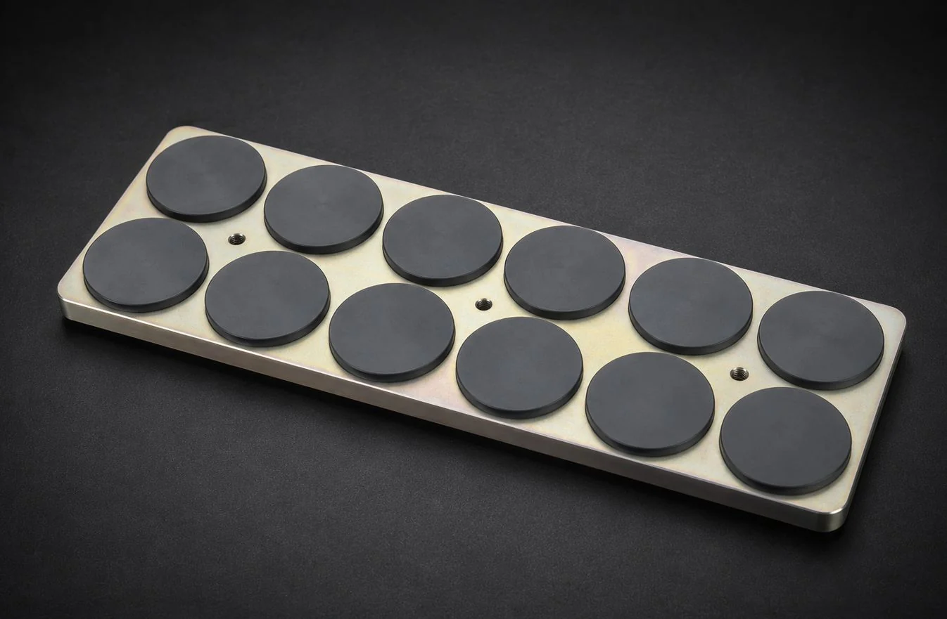 An array of composite friction pads bonded to a plated steel backing plate, manufactured in-house