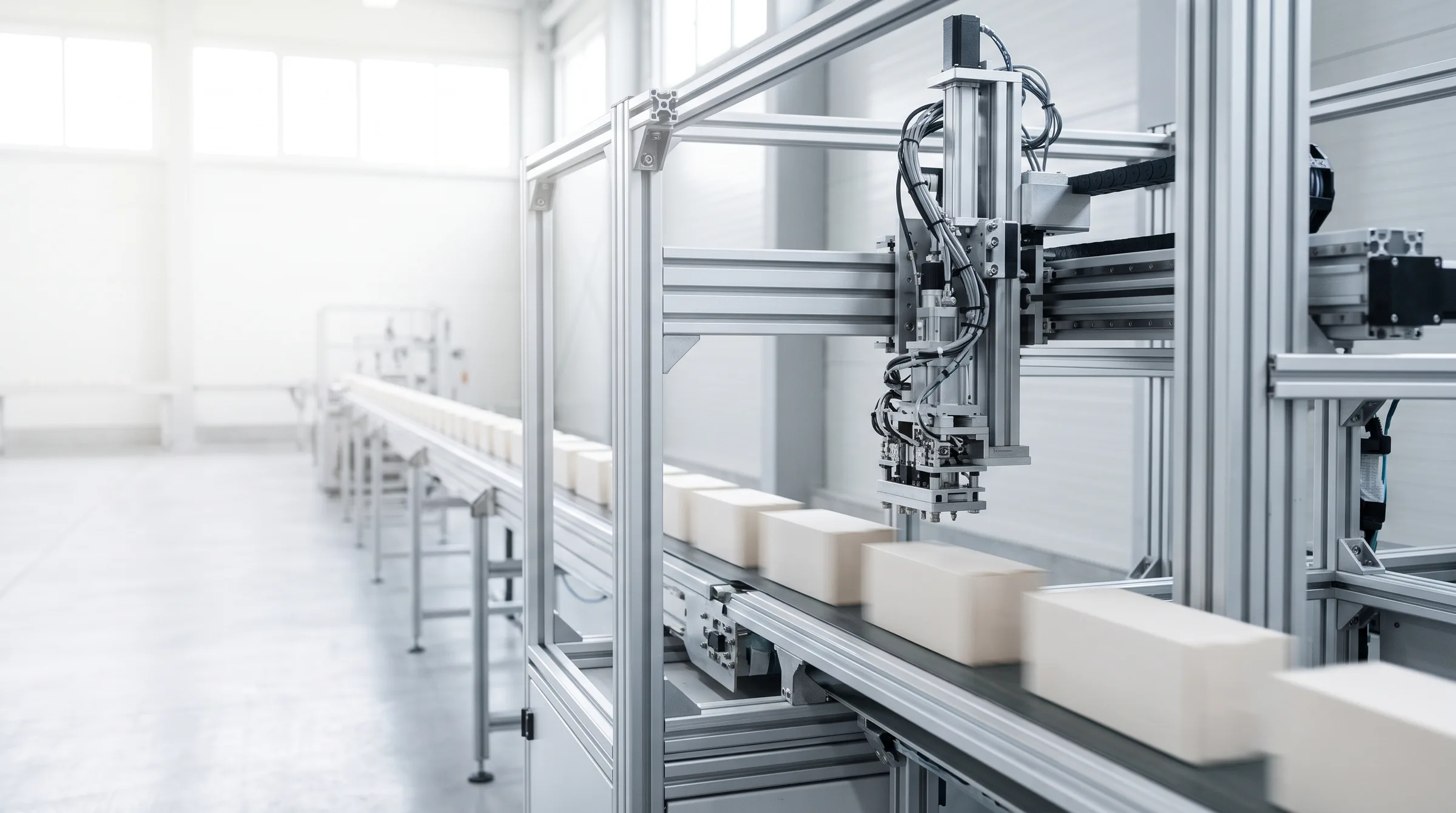 An automated production line with a pick-and-place gantry over a conveyor