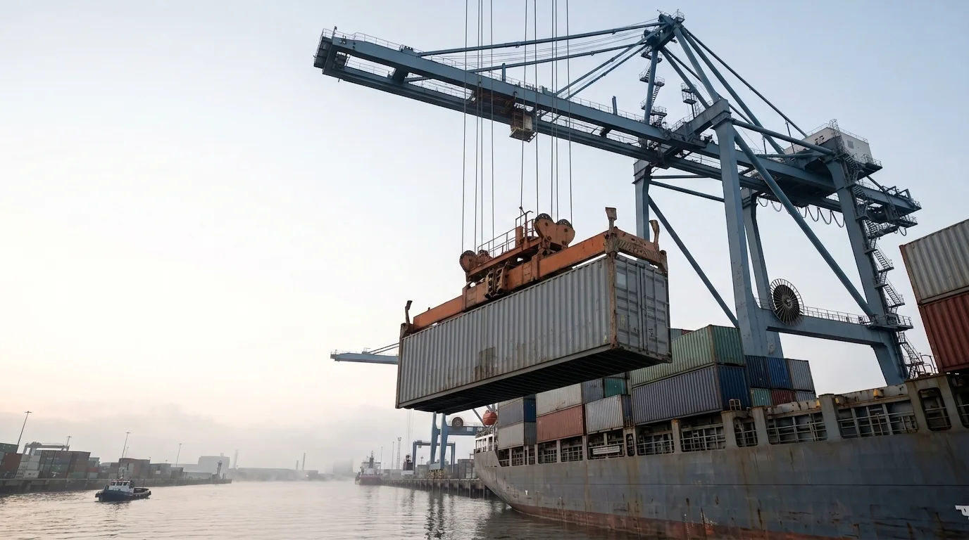 Container gantry crane lifting a container over a ship