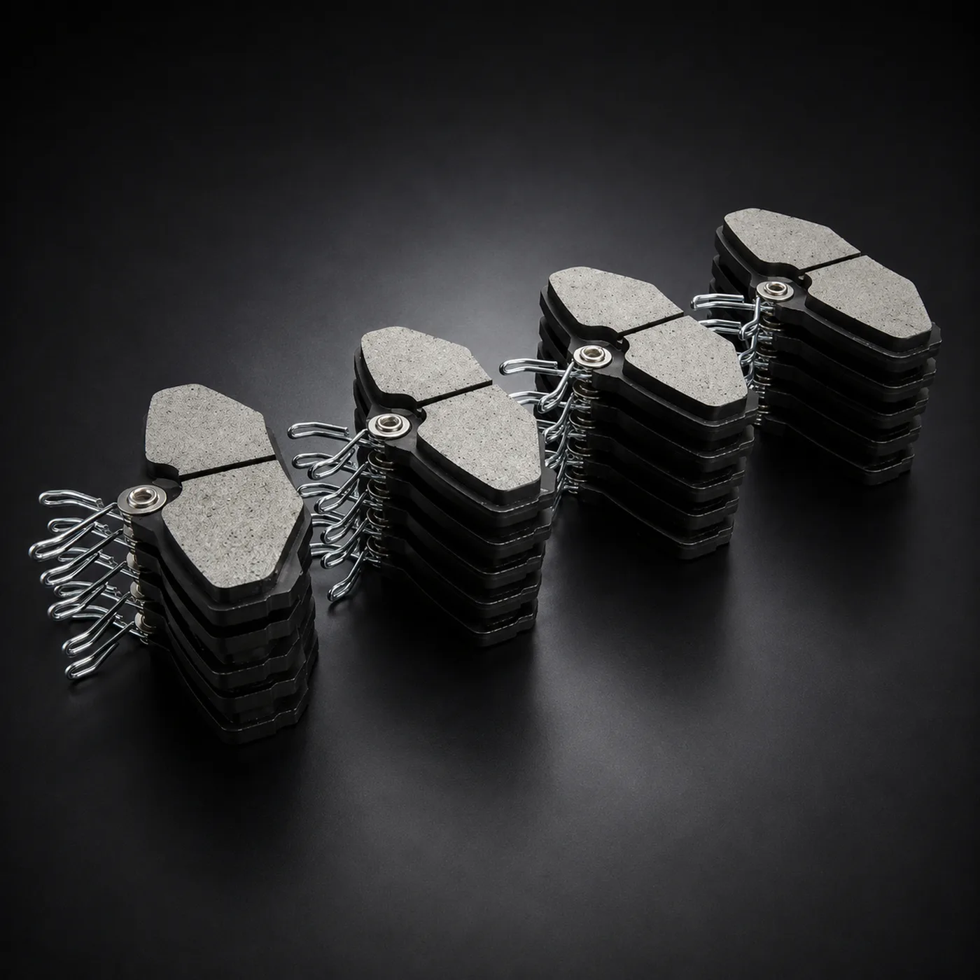 Stacked complete organic brake pads with fitting hardware