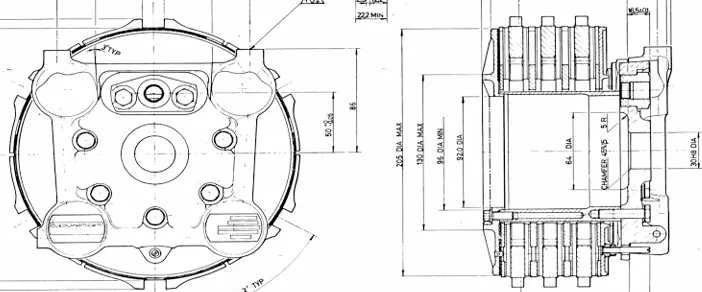 Dimensioned engineering drawing of a wheel brake