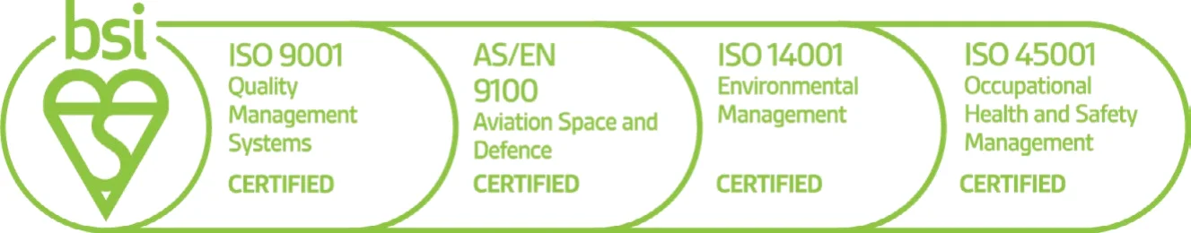 BSI certification marks: ISO 9001 quality management, AS/EN 9100 aviation space and defence, ISO 14001 environmental management, ISO 45001 occupational health and safety, all certified