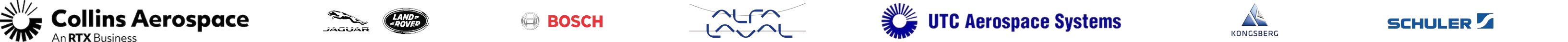 Client logos: Collins Aerospace, Jaguar Land Rover, Bosch, Alfa Laval, UTC Aerospace Systems, Kongsberg Automotive, Schuler Group