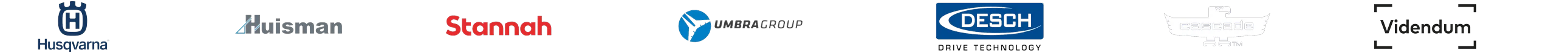 Client logos: Husqvarna, Huisman, Stannah, Umbra Group, Desch Drive Technology, Cascade, Videndum