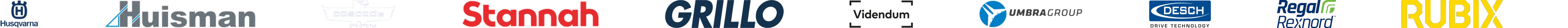 Client logos: Husqvarna, Huisman, Cascade, Stannah, Grillo, Videndum, Umbra Group, Desch Drive Technology, Regal Rexnord, Rubix